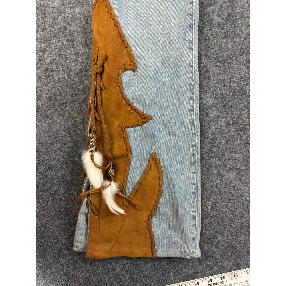 Michelle Julene Couture Levi's Upcycled Jeans Leather Fringe Lace Up OOAK - Picture 8 of 15